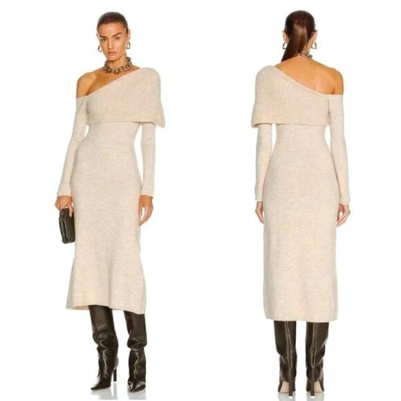 CULT GAIA Lydia Off The Shoulder Wool Blend Sweater Midi Dress Beige/Tan size XS